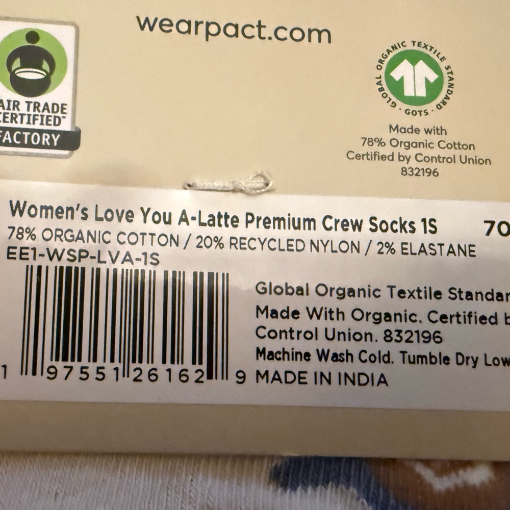 Pact Women's Organic Premium Crew Socks - Love You A-Latte & Oven Fresh - 2/$20 - Picture 3 of 4
